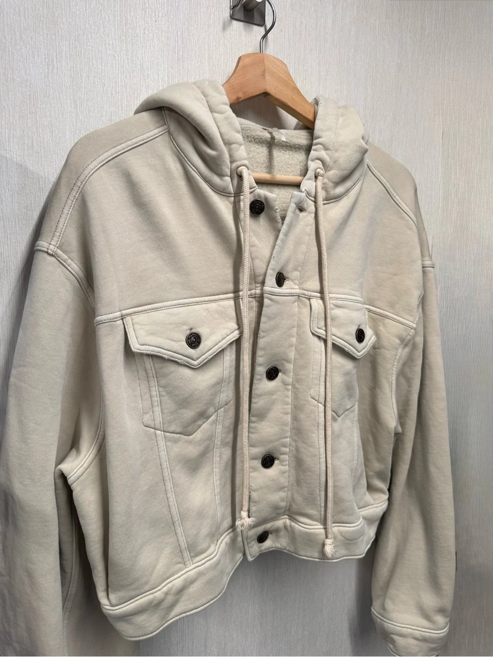 Free People Dreamers Hooded Oversized Jacket Ivory Cream Fleece, Size Medium